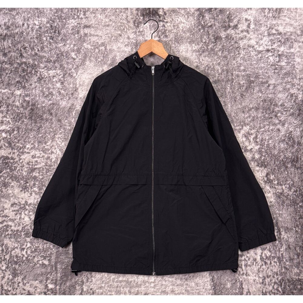 Eileen Fisher Rain Jacket Medium Womens Black Cotton Nylon Hooded Full Zip
